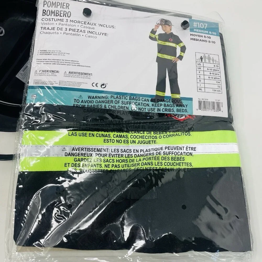 Firefighter Youth Boys Size Medium 8/10 Halloween Dress Up Costume in Black FLAW